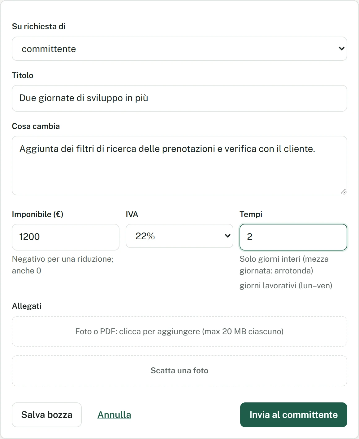 Variazione dimostrativa compilata: descrizione, importo e giorni
